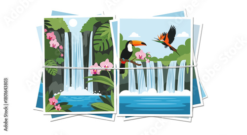 Two vibrant tropical landscape postcards featuring waterfalls, lush greenery, exotic birds, and pink orchids, tied with string.