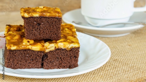 Decadent chocolate brownies topped with nuts and a coffee cup
