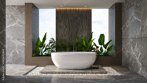 Modern luxury bathroom with marble tiles, freestanding bathtub, and indoor plants. Clean minimalist design combining nature, and stone,3drender