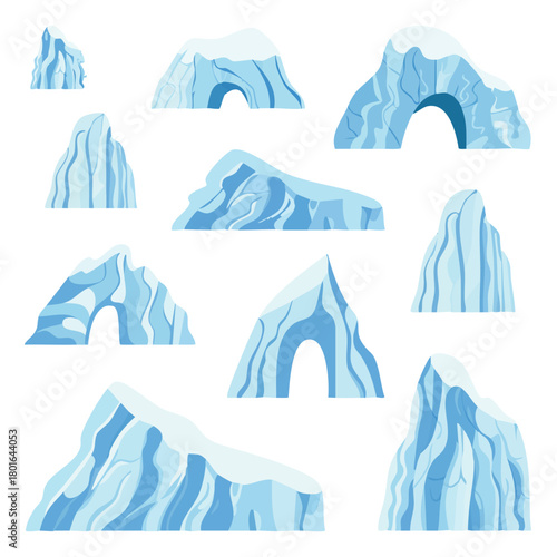 Collection of diverse icebergs and glacial formations with snow caps against a white background