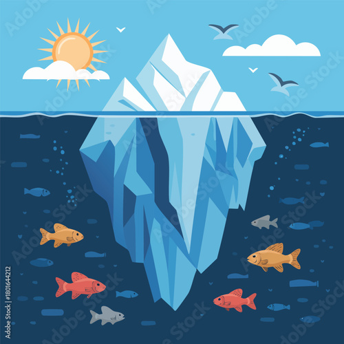 A large iceberg floats in the ocean under a sunny sky, revealing its massive hidden underwater structure and surrounding sea life