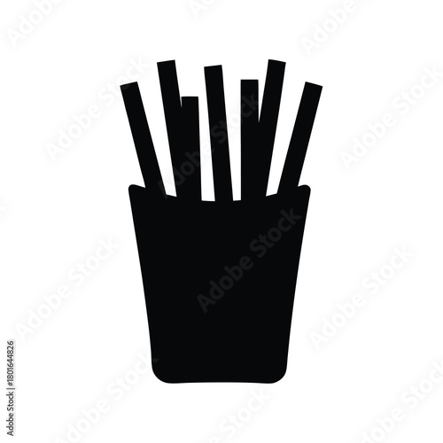 French fries icon in cup, fast food snack silhouette