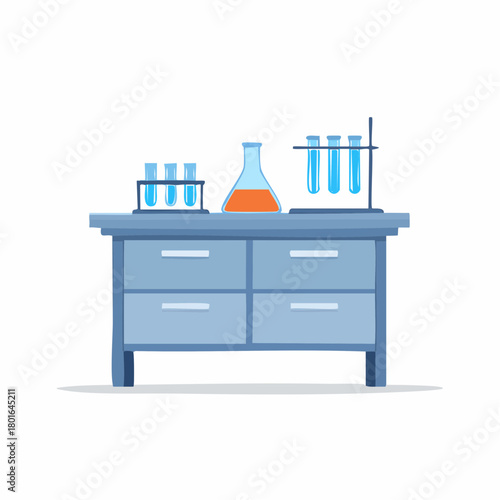 Cartoon illustration of a lab table with chemical test tubes and beakers for scientific research.