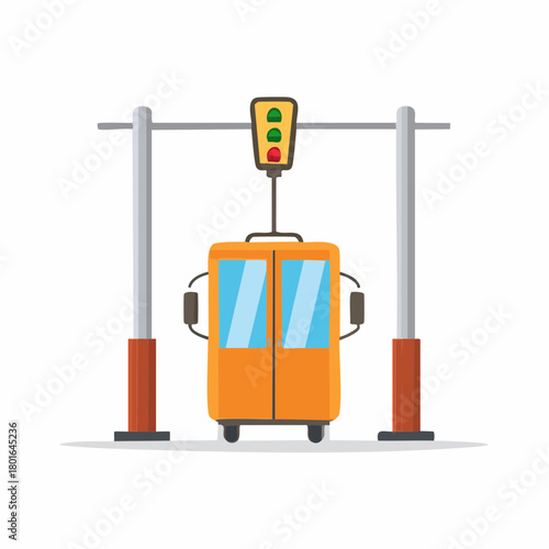 Cartoon Cable Car Gondola Suspended with Traffic Lights Between Support Poles Transportation