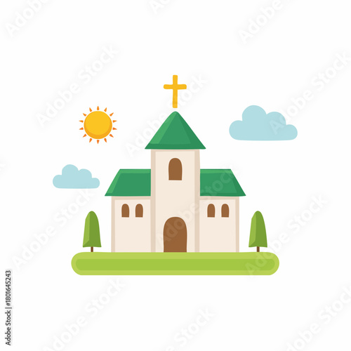 Christian church building illustration with a cross on a sunny day with clouds and trees