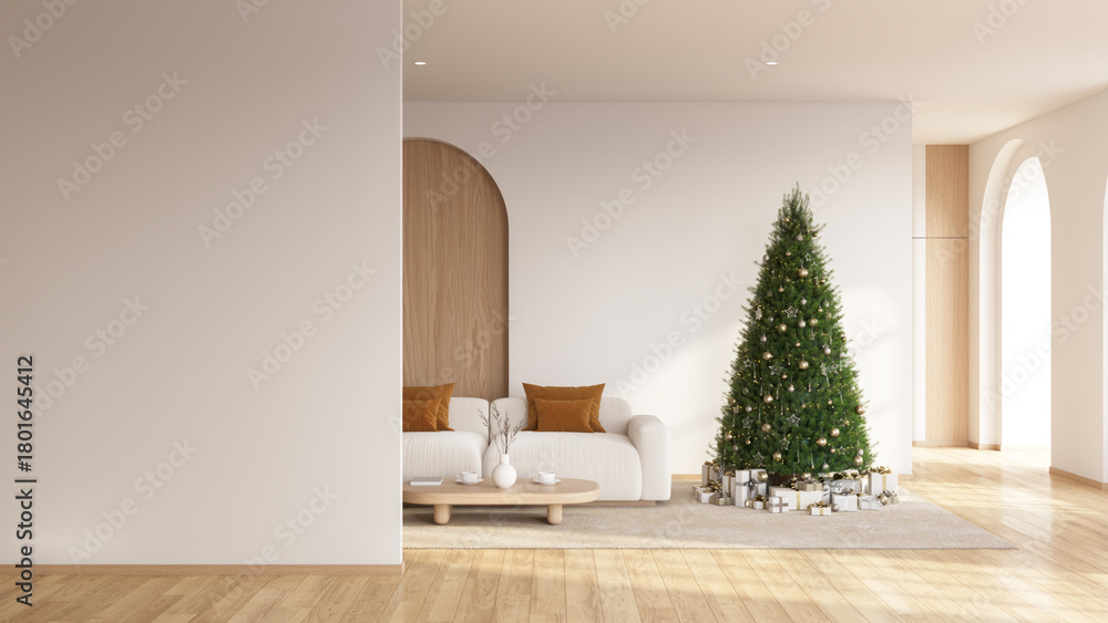 Fototapeta premium Contemporary scandinavian Christmas Living Room Interior with Sofa and Christmas Tree, with Empty White Wall . copy space .3D render