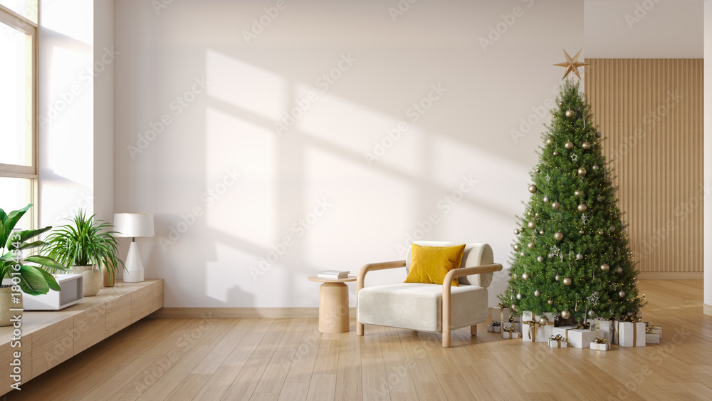 Naklejka premium Modern Scandinavian living room interior celebrating Christmas.with Armchair and Decorated Tree, Holiday Home Mockup.Empty Wall Copy Space.3d render
