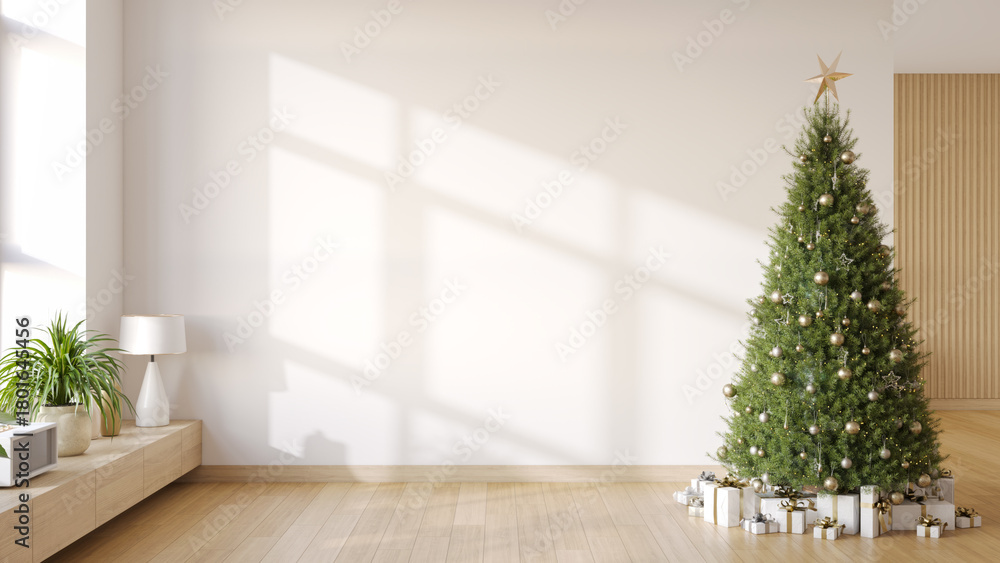 Fototapeta premium Modern Christmas Interior Mockup with Blank Wall and Christmas Tree,Holiday Home Mockup.Empty Wall Copy Space .3d render