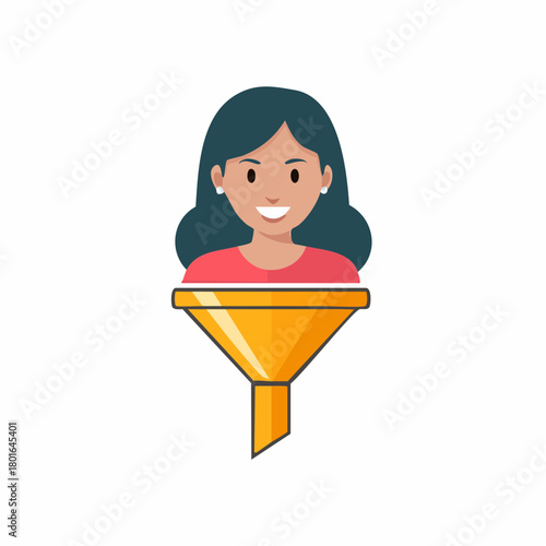 Smiling woman emerging from golden funnel for filtering and selection concept