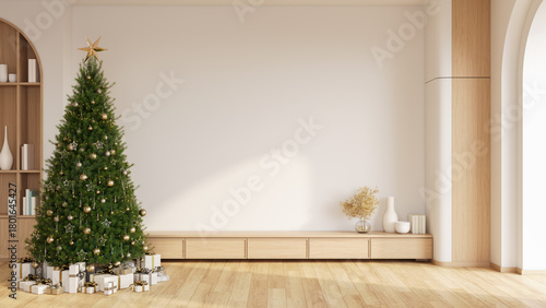 Living Room Interior with Christmas Tree Background, Christmas Interior Mockup with Copy Space Wall .wood tv cabinet..3D render
