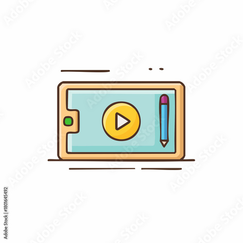 Tablet displaying a play button and pencil for digital content creation and media consumption
