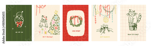 Whimsical Christmas set of cards. Whimsy design poster template with Christmas tree with bow, Santa, wreath and cute dog, cat. Ribbon garland border greeting card design