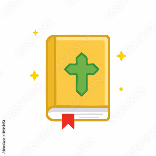 Yellow illustrated book with green cross and red bookmark, surrounded by stars