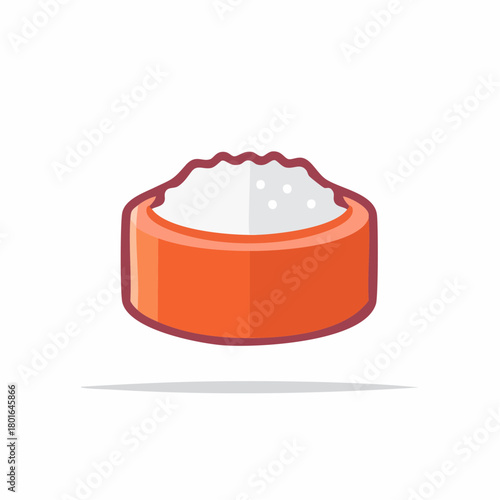 Stylized cartoon illustration of a red dog food bowl filled with kibble