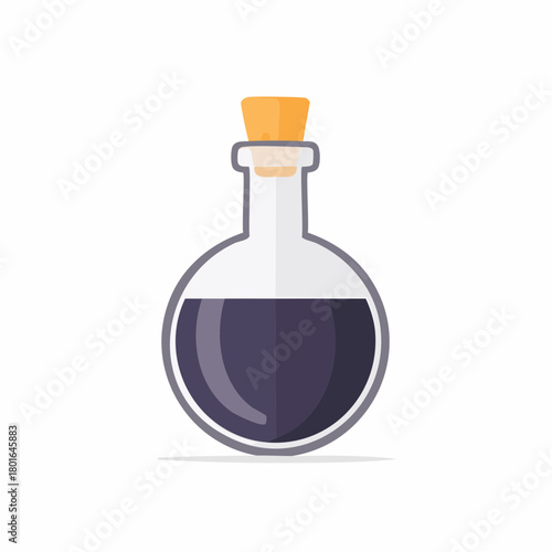 Flat design potion bottle illustration with dark liquid and a wooden cork stopper