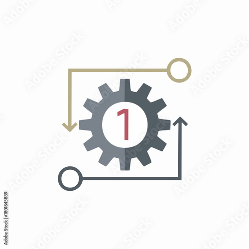First step process icon with gear and flowchart arrows for business workflow stage one
