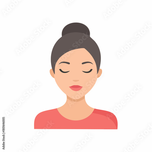 Calm woman with eyes closed and hair bun in flat vector illustration style