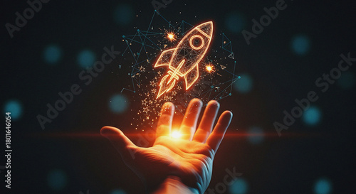 Human Hand Holding a Glowing Digital Rocket Outline Symbolizing Startup Launch and Innovation Futuristic Concept of Business Success, Project Kickoff, and Technology Development