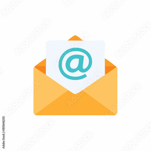Email icon with open yellow envelope and at symbol for digital message and contact