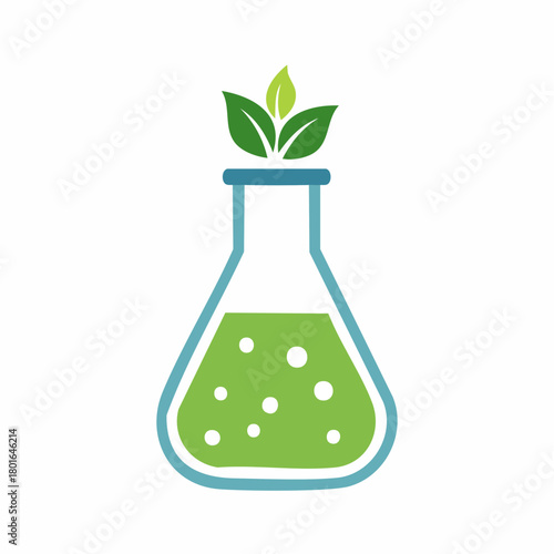 Erlenmeyer flask with green liquid and leaves, ecological concept