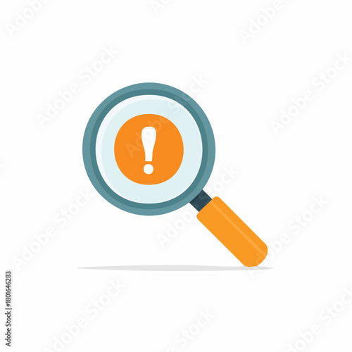 Magnifying glass searching an orange exclamation mark, inspection, finding error, search result