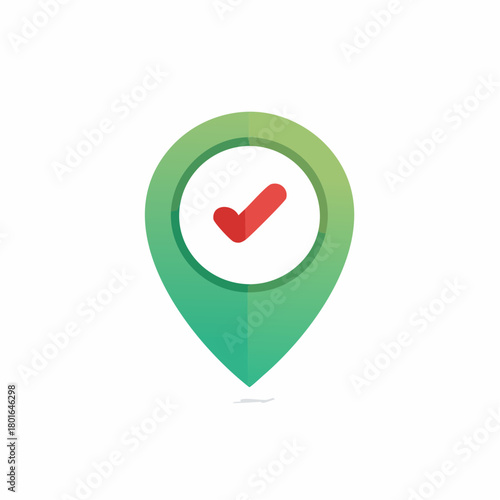 Modern location pin icon in gradient green with a red checkmark symbolizing successful confirmation or accuracy