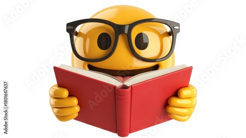 Knowledgeable emoji wearing glasses intently reads a red book
