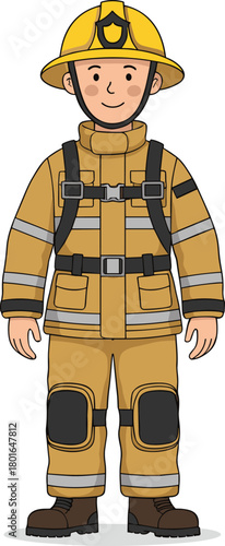 Cartoon firefighter in protective suit with yellow helmet, reflective stripes, harness, and boots standing confidently for safety and emergency illustration