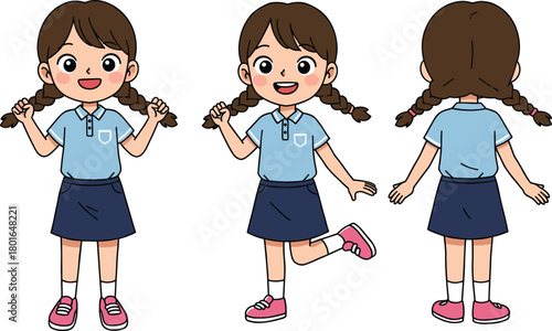 Cartoon girl character front side back view vector illustration, school outfit, pose reference sheet, animation turnaround design asset