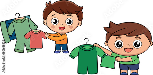 boy donating clothes cartoon, helping hand kids vector, charity children illustration, care and kindness clipart, social awareness artwork, good habits design, donation drive character, empathy childr