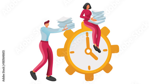 Professional illustration of a person handing a stack of documents to another individual symbolizing business transactions agreement or information exchange in a clean vector graphic