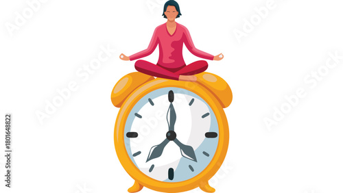 A person is meditating peacefully on top of a ticking clock symbolizing mindfulness and time management in a serene vector illustration