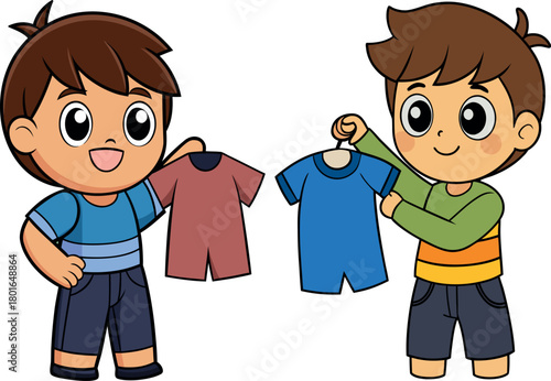 boy donating clothes cartoon, helping hand kids vector, charity children illustration, care and kindness clipart, social awareness artwork, good habits design, donation drive character, empathy childr