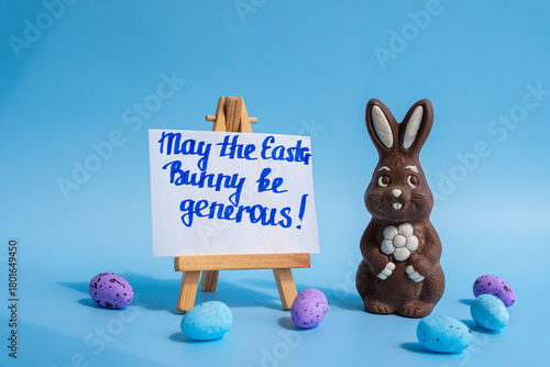 Chocolate bunny with Easter greeting on blue background