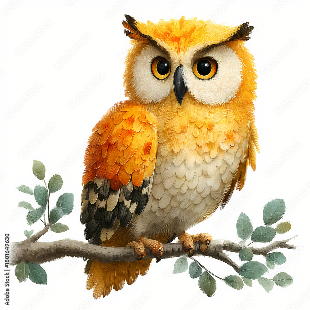 Obraz premium colorful owl illustration perched on a branch, fluffy detailed feathers in warm orange and cream tones, big expressive eyes, charming woodland bird in high-quality digital art on white background.