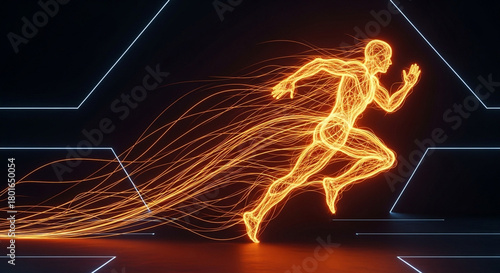 Dynamic abstract human form ablaze with energy streaks forward, symbolizing speed, power, and unstoppable momentum in a futuristic digital landscape.