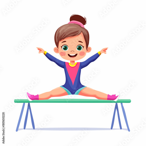 Cute cartoon girl gymnast doing splits on a balance beam, demonstrating flexibility and balance in a fun sports illustration.