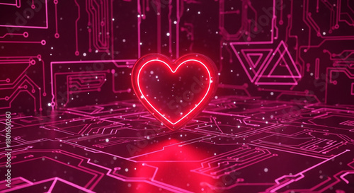 Neon heart rate", "Two hearts, one in the other", "Symbolizes maternal love or lovers".  Valentine's day banner on abstract technology background.