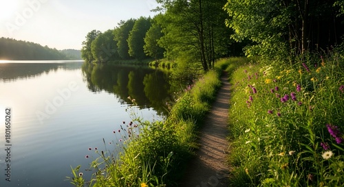 Fototapeta Naklejka Na Ścianę i Meble -  Winding Trail by the Lake Shore with Wildflowers and Greenery