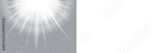 Vector transparent light burst from above with radiant beams and soft glow. Ideal for photo overlays, web graphics, and poster designs. Sunlight rays from top. Bright glow overlay. White light burst.