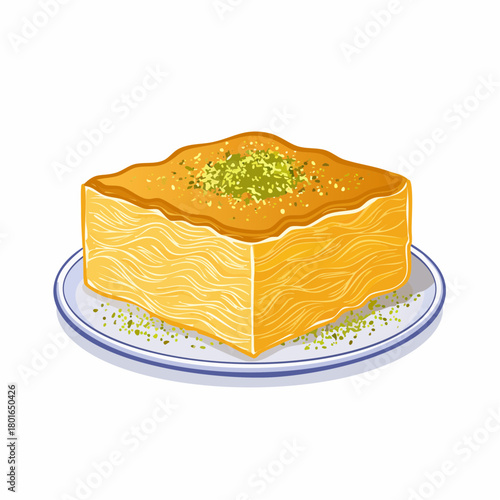 Sweet baklava pastry dessert with chopped pistachios on a white plate. Traditional flaky Middle Eastern Mediterranean treat vector illustration.