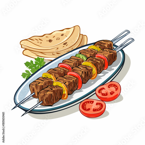 Grilled Shish Kebab Skewers with Colorful Peppers, Fresh Flatbread, Tomatoes, and Parsley Vector Illustration