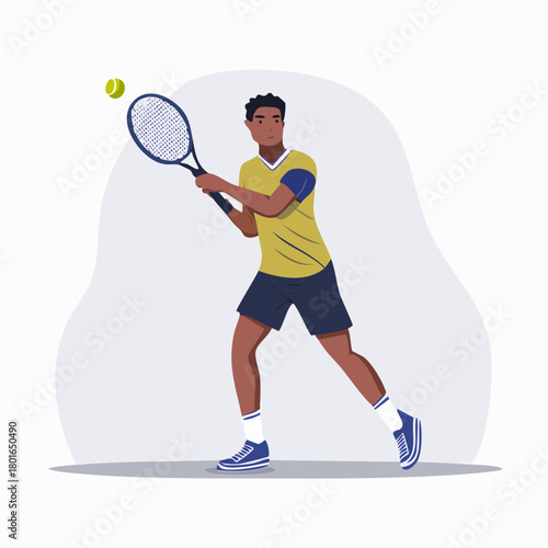Young Male Athlete Playing Tennis, Actively Hitting Ball with Racket, Dynamic Health and Fitness Sports Illustration