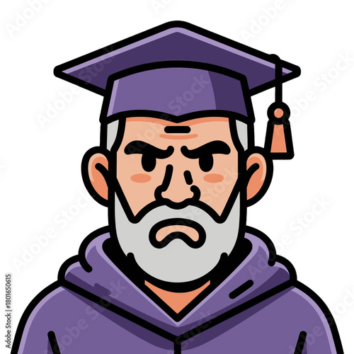 Angry old man in purple graduation cap and tassel