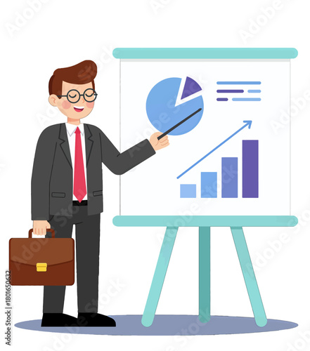 Businessman presenting chart on easel with graphs