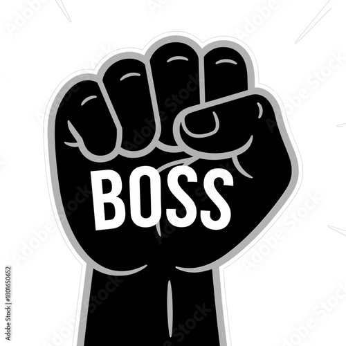 Bold fist graphic with the word boss in black and white