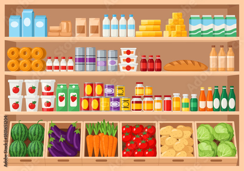A colorful vector illustration showcases fully stocked grocery store shelves, brimming with fresh produce, dairy, canned goods, and pantry staples.