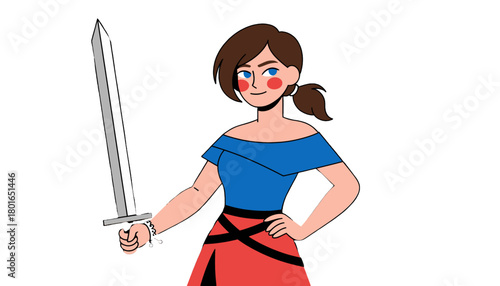 Confident cartoon woman holding a sword in a playful pose