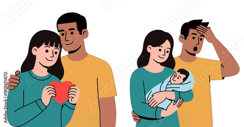 Couple embracing and holding baby in illustration style