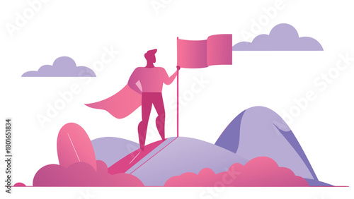 Silhouette of a triumphant hero holding a flag atop a majestic mountain peak symbolizing victory achievement and patriotism